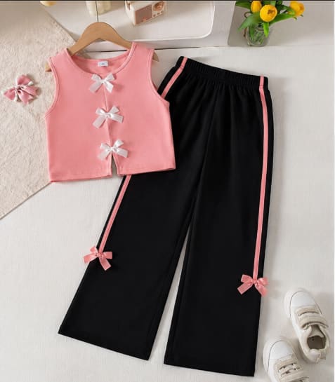 SHEIN Girls’ Pink Bow Top & Black Wide Leg Pants Set – Casual Two Piece Outfit, SHEIN Fast Delivery in 5 Days