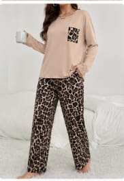 SHEIN Women’s Beige Leopard Print Pajama Set – Long Sleeve Sleepwear Top & Pants, SHEIN Fast Delivery in 5 Days