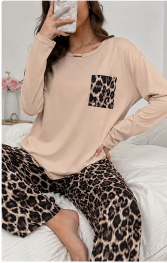 SHEIN Women’s Beige Leopard Print Pajama Set – Long Sleeve Sleepwear Top & Pants, SHEIN Fast Delivery in 5 Days
