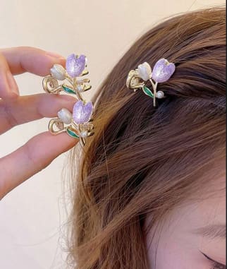 SHEIN Purple Tulip Hair Clips Set – Gold Tone Floral Hair Claws with Pearl Detail, SHEIN Fast Delivery in 5 Days
