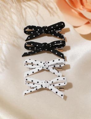 SHEIN 4pcs Polka Dot Bow Hair Clips – Black & White Hair Accessories Set, SHEIN Fast Delivery in 5 Days