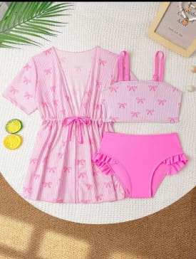 SHEIN Girls Pink Bow 3 Piece Swimwear Set – Bikini & Cover Up, SHEIN Fast Delivery in 5 Days