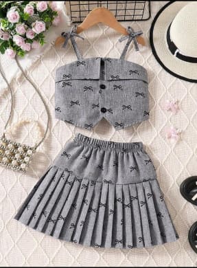SHEIN Girls Grey Bow Print 2 Piece Set – Crop Top & Pleated Skirt, SHEIN Fast Delivery in 5 Days