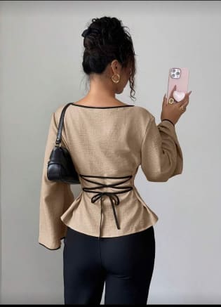 SHEIN Women’s Beige Bell Sleeve Blouse – Black Trim Fitted Waist Top