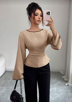 SHEIN Women’s Beige Bell Sleeve Blouse – Black Trim Fitted Waist Top