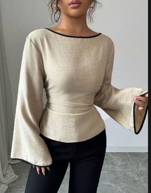 SHEIN Women’s Beige Bell Sleeve Blouse – Black Trim Fitted Waist Top