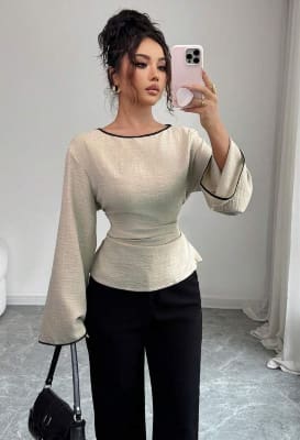 SHEIN Women’s Beige Bell Sleeve Blouse – Black Trim Fitted Waist Top