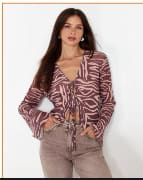 Trendyol Women’s Mauve Zebra Print Tie Front Top – Long Sleeve Flared Blouse, SHEIN Fast Delivery in 5 Days