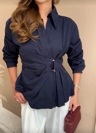 SHEIN Women’s Navy Blue Waist Detail Shirt – Long Sleeve Smart Casual Blouse, SHEIN Fast Delivery in 5 Days