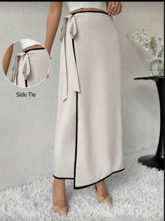 SHEIN Women’s Cream Side Tie Maxi Wrap Skirt – Black Trim Elegant Skirt, SHEIN Fast Delivery in 5 Days