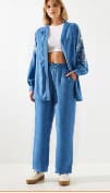 SHEIN Women’s Embroidered Sleeve Co-Ord Set – Oversized Shirt & Wide Leg Pants,