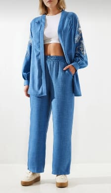 SHEIN Women’s Embroidered Sleeve Co-Ord Set – Oversized Shirt & Wide Leg Pants,