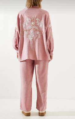 SHEIN Women’s Embroidered Sleeve Co-Ord Set – Oversized Shirt & Wide Leg Pants,