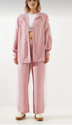 SHEIN Women’s Embroidered Sleeve Co-Ord Set – Oversized Shirt & Wide Leg Pants,
