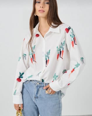 Trendyol Women’s White Printed Shirt – Vegetable Print Casual Button-Up Shirt, Fast Delivery in 5 Days