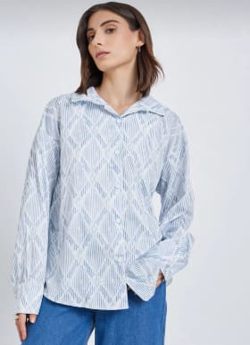 Trendyol Women’s Light Blue Patterned Shirt – Geometric Print Button-Up Shirt, Fast Delivery in 5 Days