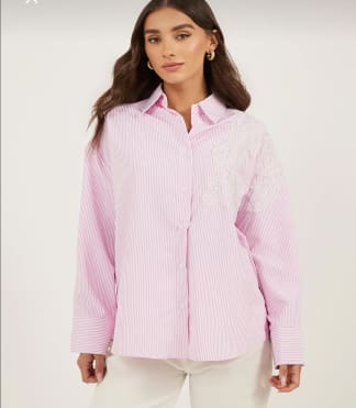 Trendyol Women’s Pink Striped Shirt – Lace Appliqué Button-Up Blouse, Fast Delivery in 5 Days