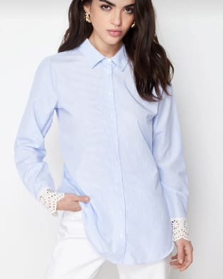 Trendyol Women’s Light Blue Striped Shirt – Eyelet Lace Cuff Button-Up Shirt, Fast Delivery in 5 Days