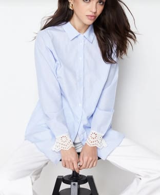 Trendyol Women’s Light Blue Striped Shirt – Eyelet Lace Cuff Button-Up Shirt, Fast Delivery in 5 Days