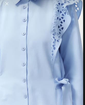 trendyol Women’s Light Blue Lace Detail Button-Up Shirt – Side Tie Elegant Blouse,