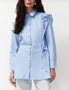 trendyol Women’s Light Blue Lace Detail Button-Up Shirt – Side Tie Elegant Blouse,
