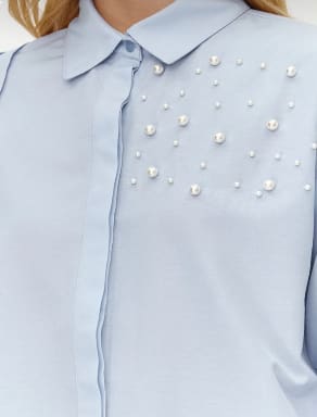 trendyol Women’s Light Blue Pearl Detail Oversized Shirt – Elegant Long Sleeve Blouse