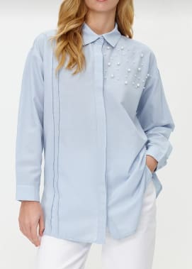 trendyol Women’s Light Blue Pearl Detail Oversized Shirt – Elegant Long Sleeve Blouse