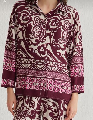 Trendyol Women’s Burgundy Printed Co-Ord Set – Button-Up Shirt & Wide Leg Pants,