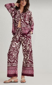 Trendyol Women’s Burgundy Printed Co-Ord Set – Button-Up Shirt & Wide Leg Pants,