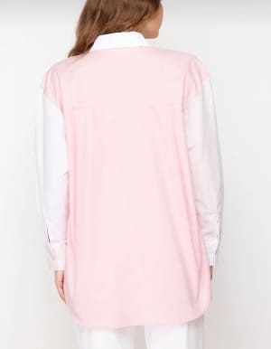 trendyol Women’s White & Pink Oversized Button-Up Shirt – Contrast Pocket Casual Shirt,