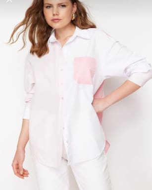 trendyol Women’s White & Pink Oversized Button-Up Shirt – Contrast Pocket Casual Shirt,