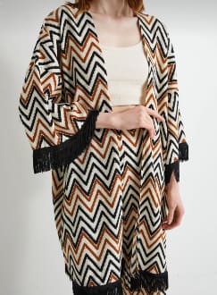 Trendyol Women’s Chevron Fringe Kimono Co-Ord Set – Printed Cover-Up & Wide Leg Pants,