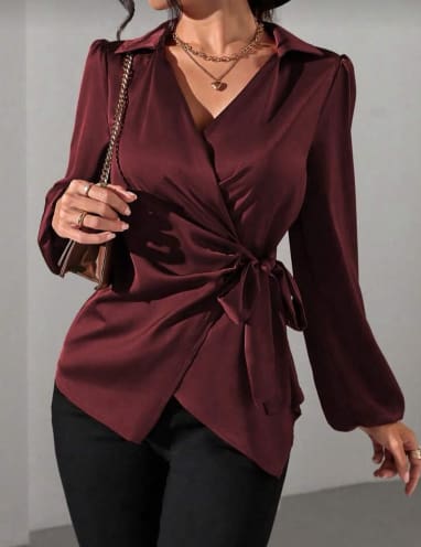 Burgundy Satin Wrap Tie Blouse – SHEIN Fast Delivery in 5 Days
