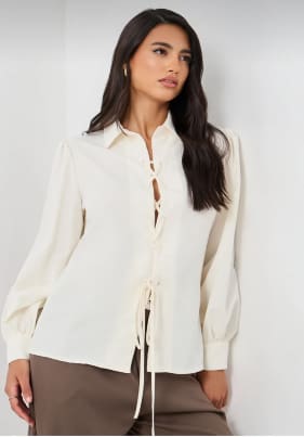 Cream Tie Front Collared Blouse – SHEIN Fast Delivery in 5 Days