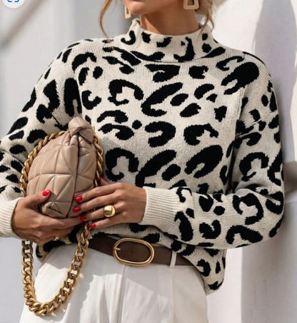 SHEIN Women’s Cream Leopard Print Knit Sweater – High Neck Long Sleeve Pullover, SHEIN Fast Delivery in 5 Days