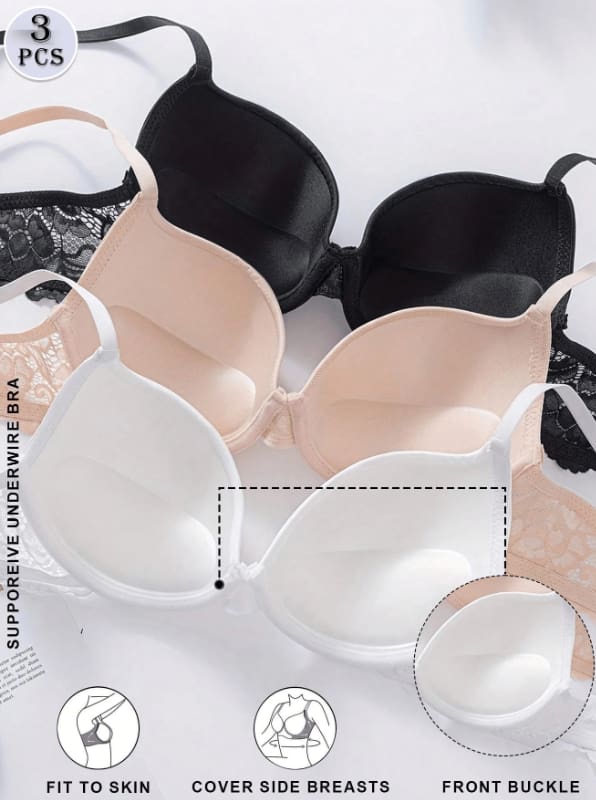 SHEIN Women’s Supportive Bra Set 3 Pieces – Front Buckle Padded Underwear Bras, SHEIN Fast Delivery in 5 Days