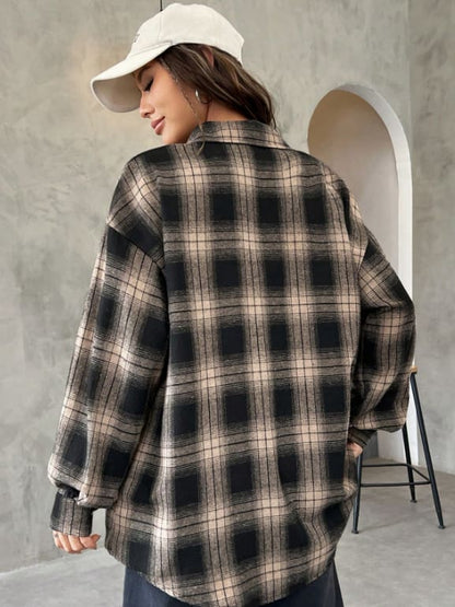 SHEIN Women’s Oversized Plaid Shirt – Brown & Black Button-Up Flannel Shirt, SHEIN Fast Delivery in 5 Days