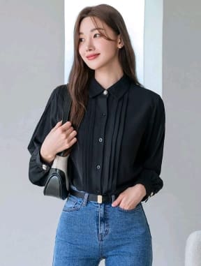SHEIN Women’s Black Pleated Button-Up Blouse – Long Sleeve Classic Shirt, SHEIN Fast Delivery in 5 Days