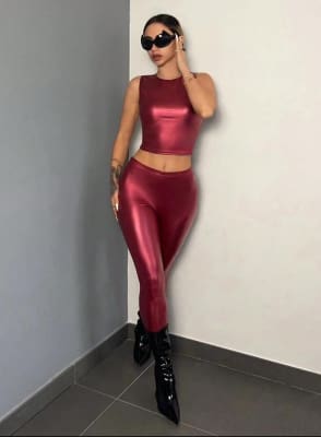 SHEIN Women’s Burgundy Metallic Leggings & Crop Top Set – 2 Piece Shiny Outfit, SHEIN Fast Delivery in 5 Days