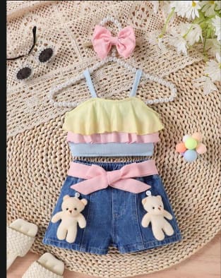 SHEIN Girls Ruffle Crop Top & Denim Shorts Set – 2 Piece Summer Kids Outfit, SHEIN Fast Delivery in 5 Days