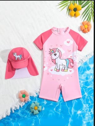 SHEIN Girls Pink Unicorn Swimwear Set – One Piece Swimsuit & Sun Hat, SHEIN Fast Delivery in 5 Days