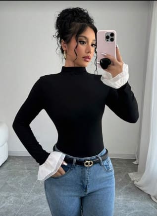 Black Mock Neck Top with White Ruffle Cuffs – SHEIN Fast Delivery in 5 Days