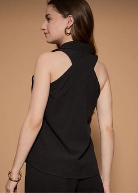 Black Sleeveless Textured Button Shirt – SHEIN Fast Delivery in 5 Days