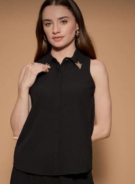 Black Sleeveless Textured Button Shirt – SHEIN Fast Delivery in 5 Days