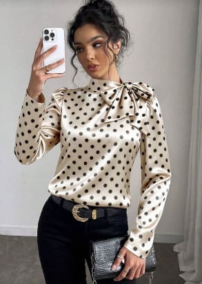 Cream Satin Polka Dot Bow Blouse – SHEIN Fast Delivery in 5 Days