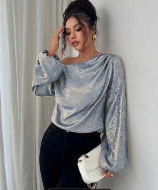 Light Blue Metallic One Shoulder Blouse – Fast Delivery in 5 Days