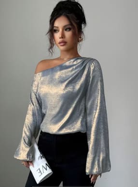 Light Blue Metallic One Shoulder Blouse – Fast Delivery in 5 Days