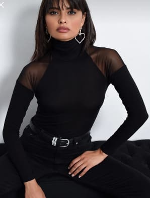 Trendyol Fast Delivery Black Mesh Shoulder Turtleneck Top – Elegant Slim Fit Blouse