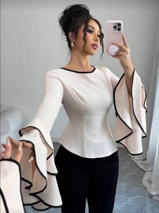 SHEIN Fast Delivery White Flare Sleeve Top – Elegant Black Trim Blouse
