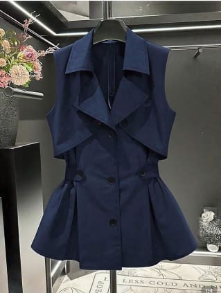 SHEIN Fast Delivery Navy Blue Sleeveless Trench Vest – Double-Breasted Chic Top